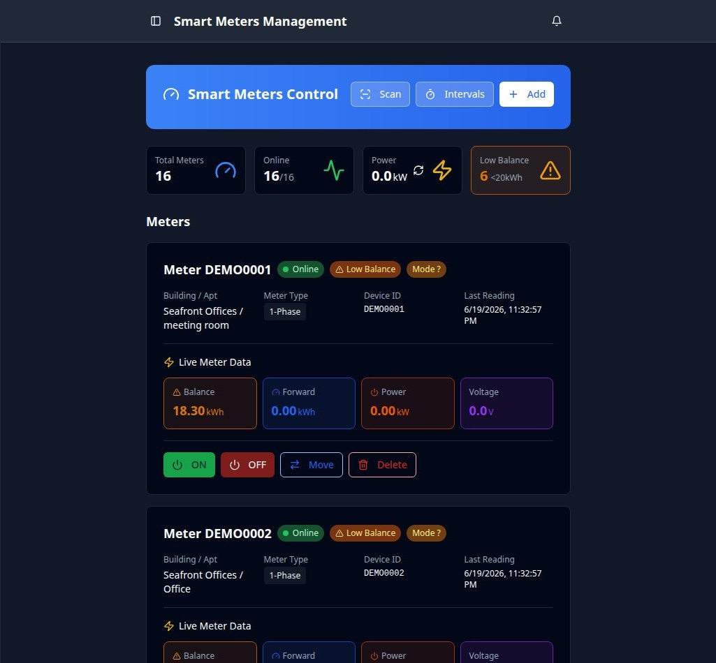 Live smart-meter management â€” balances, power and on/off control per meter